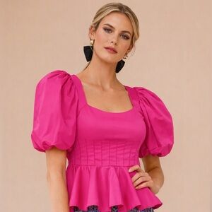 Hunter Bell Camille puff-sleeve peplum top in fuchsia cotton poplin Size 2